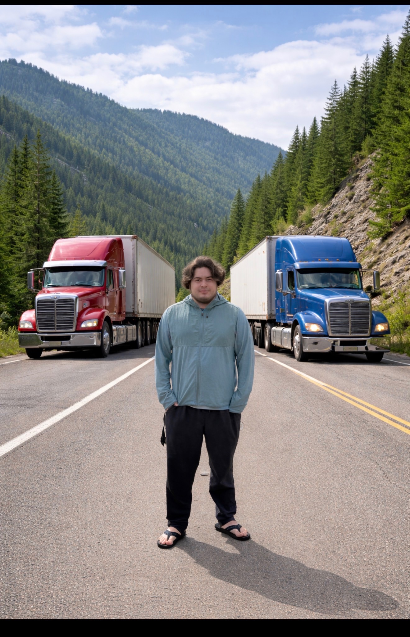 Trucker between two trucks